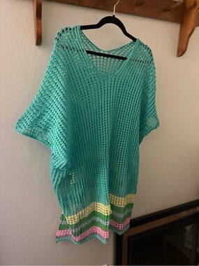 Beach Riot Turquoise Crochet Tunic with Pastel Stripe Hem